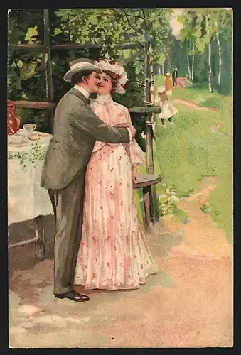 Präge-AK Liebespaar küsst sich beim Teetrinken im Garten