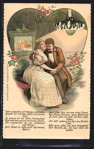 Künstler-AK Liebespaar sitzt am Kamin, Gedicht