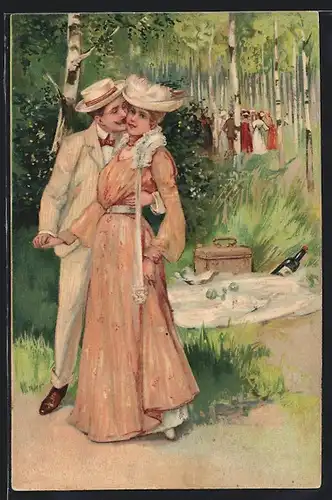 Lithographie Waldesgrün und Waldesduft..., Liebespaar, Picknick
