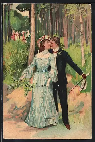 AK Paar geht spazieren und küsst sich, Pfingsten