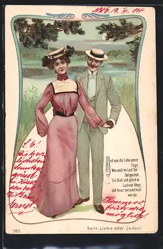 Künstler-AK Liebe aller Zeite, Liebespaar halten sich an der Hand