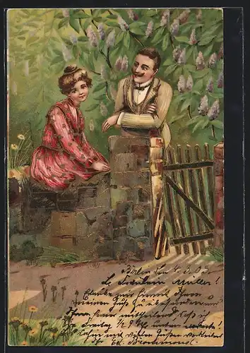 Lithographie Liebespaar am Gartentor vor Fliederbaum