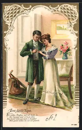 AK zwei dunkle Augen, Liebespaar betrachtet seine Ringe