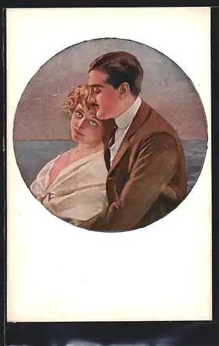 Künstler-AK Liebespaar verträumt am Meer