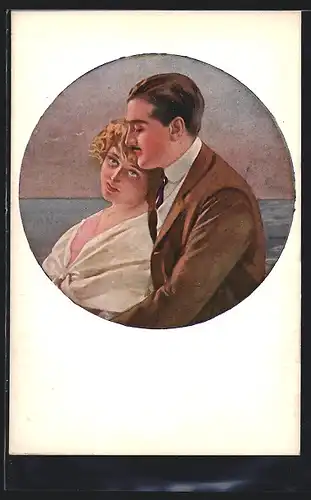 Künstler-AK Junges Liebespaar in der Dämmerung am Meer