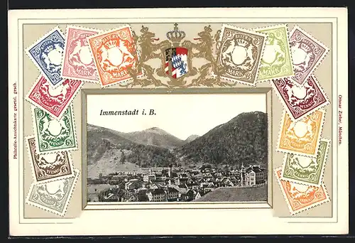 Passepartout-AK Immenstadt i. B., Gesamtansicht mit Bergen, Briefmarken Bayerns, Präge-Wappen