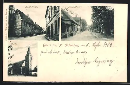 AK Pr. Oldendorf, Hotel Hunke, Spiegelstrasse und Kirche