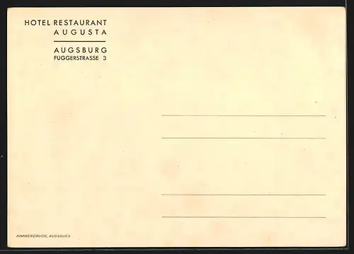 Künstler-AK Augsburg, Hotel-Restaurant Augusta, Fuggerstrasse 3