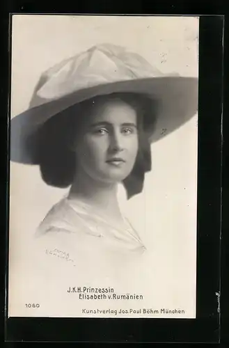 AK Prinzessin Elisabeth von Rumänien in jungen Jahren mit Hut