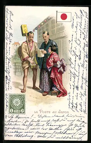Lithographie Brief, Landesflagge, Japan, Postbote und Paar in Volkstrachten