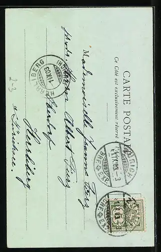 Lithographie Brief, Landesflagge, Japan, Postbote und Paar in Volkstrachten