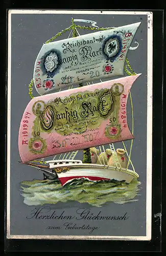 AK Segelschiff mit Geldscheinsegeln und Geldsäcken