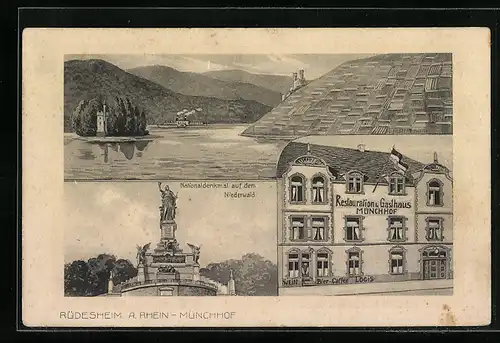 AK Rüdesheim /Rh., Gasthaus Münchhof J. Münch, Niederwald-Denkmal, Rheinpartie