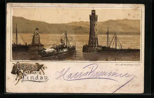 Lithographie Lindau, Hafeneinfahrt mit Kutter und Bergkulisse