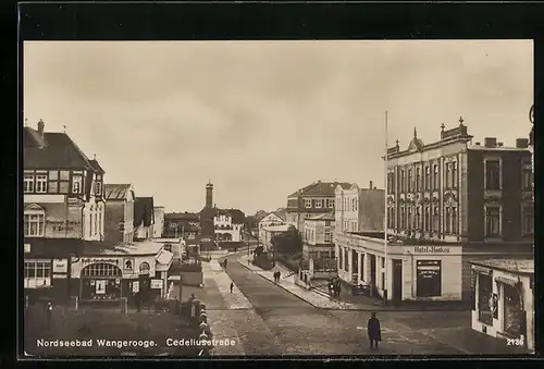 AK Wangerooge, Cedeliusstrasse mit Hotel Hanken aus der Vogelschau