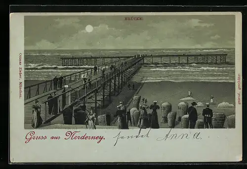 Passepartout-Lithographie Norderney, Brücke mit Besuchern und Meeresblick