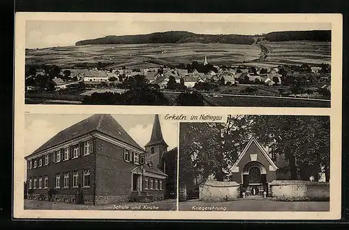 AK Erkeln /Nethegau, Gesamtansicht, Schule und Kirche, Kriegerdenkmal