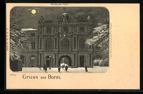 Winter-Lithographie Bonn /Rh., Koblenzer Thor mit Passanten bei Vollmond