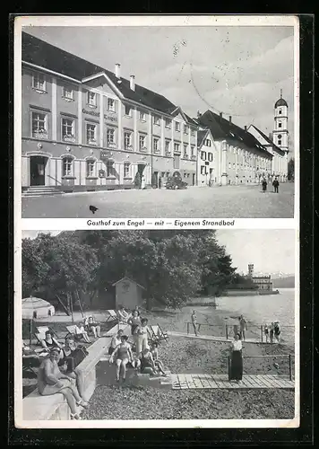 AK Langenargen /Bodensee, Gasthof-Pension Engel, Strassenansicht mit Kirche, eigenes Strandbad mit Gästen