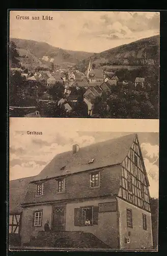 AK Lütz, Gasthaus, Ortsansicht aus der Vogelschau