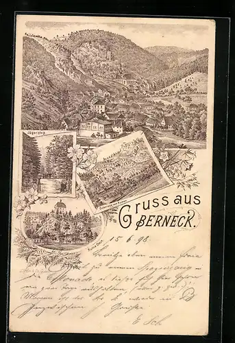 Lithographie Berneck, Jägersteg, Ruine Stein, Colonnade mit Ruinen