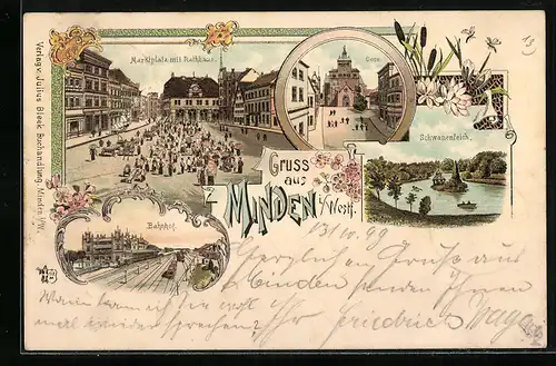 Lithographie Minden i. Westf., Bahnhof, Marktplatz mit Rathaus, Dom, Schwanenteich