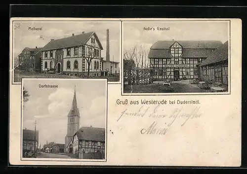 AK Westerode b. Duderstadt, Noltes Gasthof, Molkerei, Dorfstrasse mit Kirche