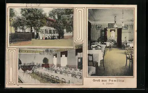 AK Döbeln i. Sa., Gasthof Pommlitz, Aussen- und Innenansichten