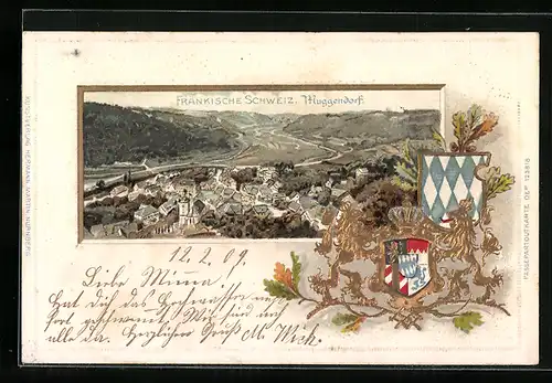 Passepartout-Lithographie Muggendorf /Fränkische Schweiz, Ortsansicht mit Wappen