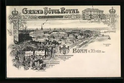 Lithographie Bonn a. Rhein, Grand Hotel Royal, Ortsansicht aus der Vogelschau
