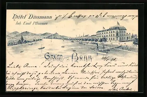 Lithographie Bonn, Hotel Dissmann, Inh. Emil Pflaumer, Rhein mit Dampfer
