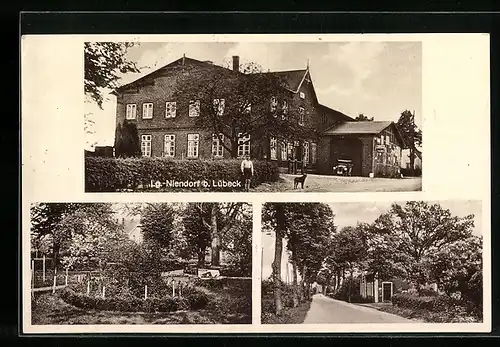 AK Niendorf b. Lübeck, Gasthof Lg.-Niendorf, Bes. Willi Schliephake, Gartenansicht, Strassenpartie