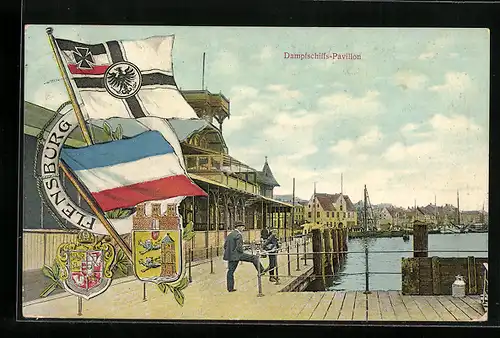 AK Flensburg, Partie am Dampfschiffs-Pavillon, Wappen und Flaggen