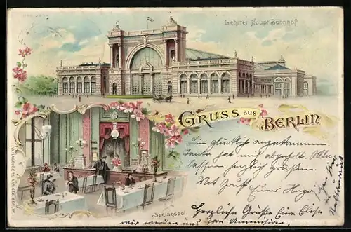Lithographie Berlin-Tiergarten, Lehrter Haupt-Bahnhof, Speisesaal, Innenansicht