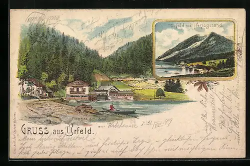 Lithographie Urfeld, Panorama, Fischer am See und Herzogstand