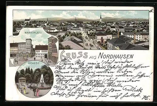 Lithographie Nordhausen, Marktplatz, Gehege, Stadtbild aus der Vogelschau