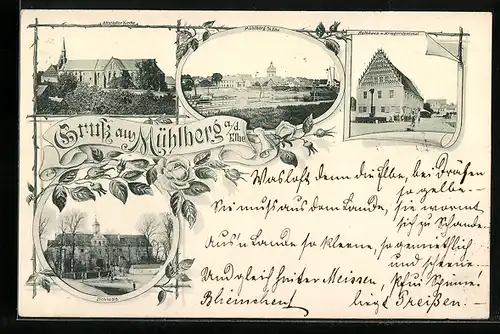 AK Mühlberg a. d. Elbe, Rathhaus und Kriegerdenkmal, Schloss, Altstädter Kirche