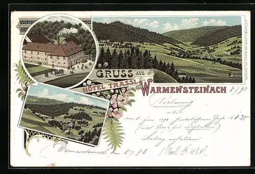 Lithographie Warmensteinach, Hôtel Trassl, Panorama, Teilansicht