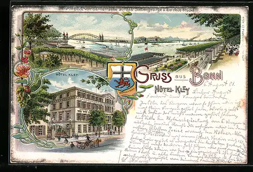 Lithographie Bonn, Hotel Kley, Blick von der Terrasse auf das Siebengebirge