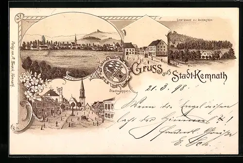 Lithographie Stadt-Kemnath, Lichtenhof mit Anzenstein, Wappen, Strassenpartie