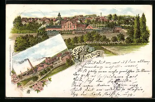 Lithographie Hornburg, Fabrik, Ortsansicht, Bahnhof & Eisenbahn