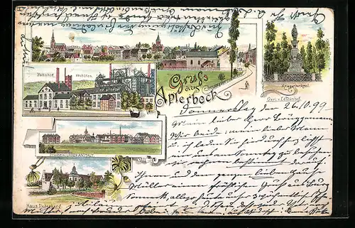 Lithographie Aplerbeck, Bahnhof, Hochöfen, Kriegerdenkmal, Haus Rodenberg