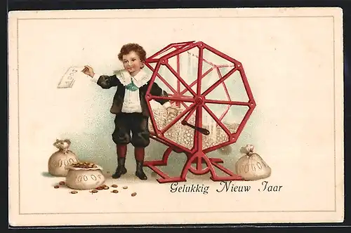 Lithographie Ein frohes Neujahr!, Bub zieht aus der Lostrommel, Geldsäcke