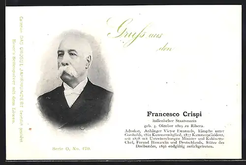 AK Portrait von Francesco Crispi, Italienischer Staatsmann, Geb. 18119