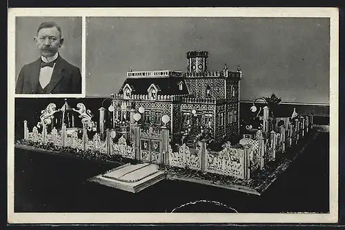 AK Carl Goericke, 65 jähr. Invalide mit Miniaturwerk der Villa in Burg