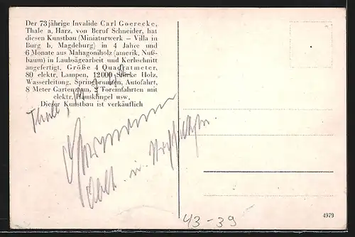 AK Carl Goericke, 65 jähr. Invalide mit Miniaturwerk der Villa in Burg