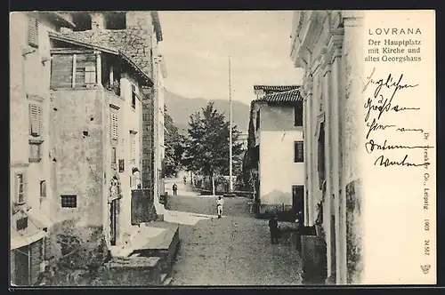 AK Lovrana, Hauptplatz mit Kirche und altes Georgshaus