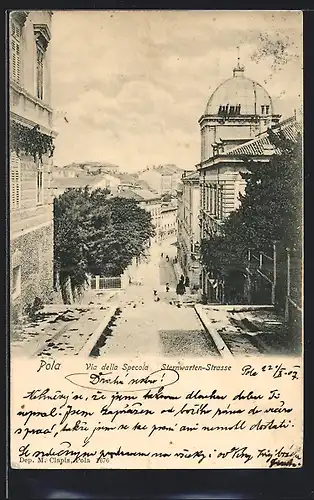 AK Pola, Via della Specola, Sternwartenstrasse mit Passanten