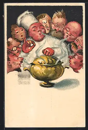 Künstler-AK Luzern, 1. Schweizer Kochkunst-Ausstellung 1923, Koch und Esser um eine duftende Terrine