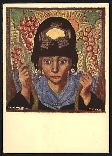 Künstler-AK Sierre, Exposition Valaisanne 1928, Junge Frau mit Weintrauben und Kopfbedeckung